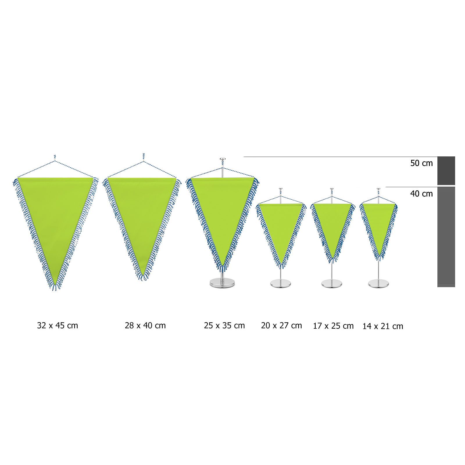 Fanion de table avec frange boucle, comparaison des tailles