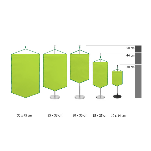 Bannière de table à bord inférieur pointu avec cordon, comparaison des tailles