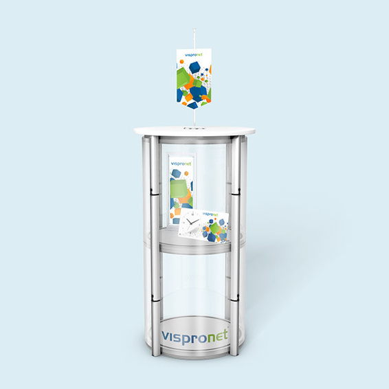 double fonctionnalité : table de stand et vitrine d'exposition dans un seul système