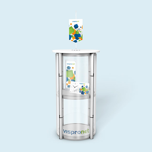 double fonctionnalité : table de stand et vitrine d'exposition dans un seul système