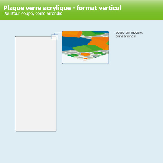 Plaque publicitaire format portrait, pourtour coupé, lissé, coins arrondis