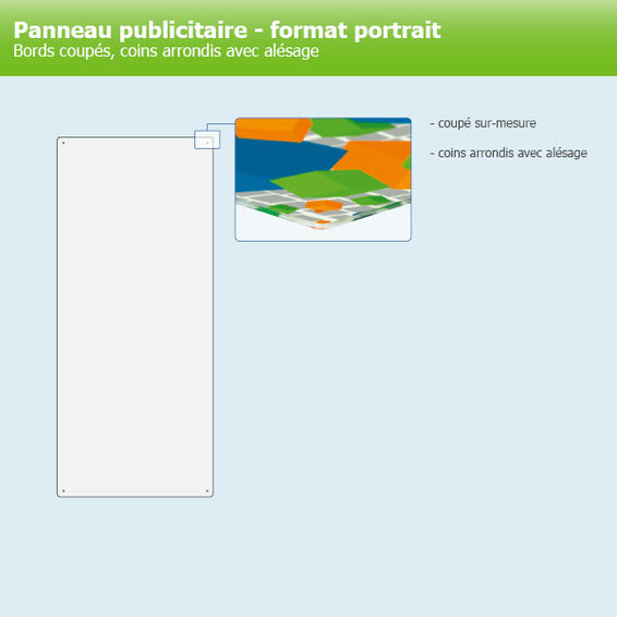 Plaque au format portrait, pourtour coupé, lissé, trous aux coins arrondis