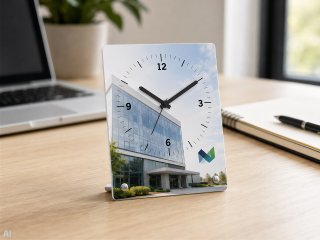 Réveil photo avec logo d’entreprise sur un bureau