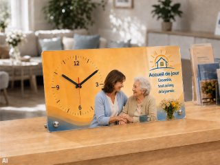 Horloge de table avec logo d’entreprise sur un comptoir d’accueil