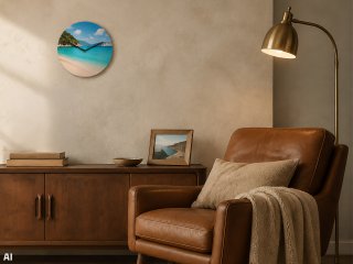 Horloge murale ronde avec photo personnelle dans une pièce à vivre